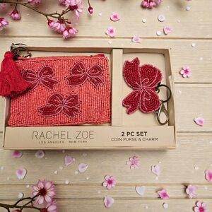 NEW Rachel Zoe Elegant 2 Piece Beaded Pink Ribbon Bow Coin Purse & Charm